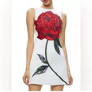 Alice + Olivia White Mini Dress with Red Rose Applique